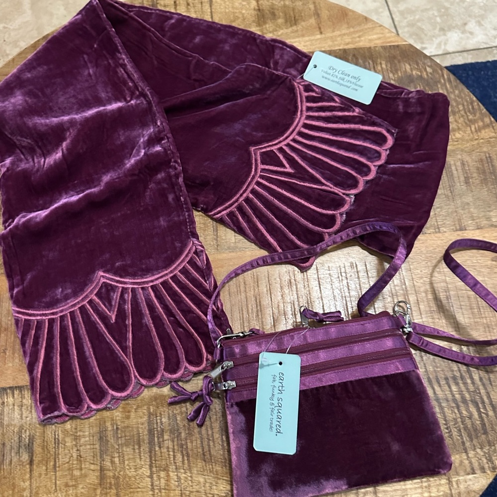 Earth Squared Purple Velvet Scarf And Mini Bag/Purse Boho Retro Shabby Chic